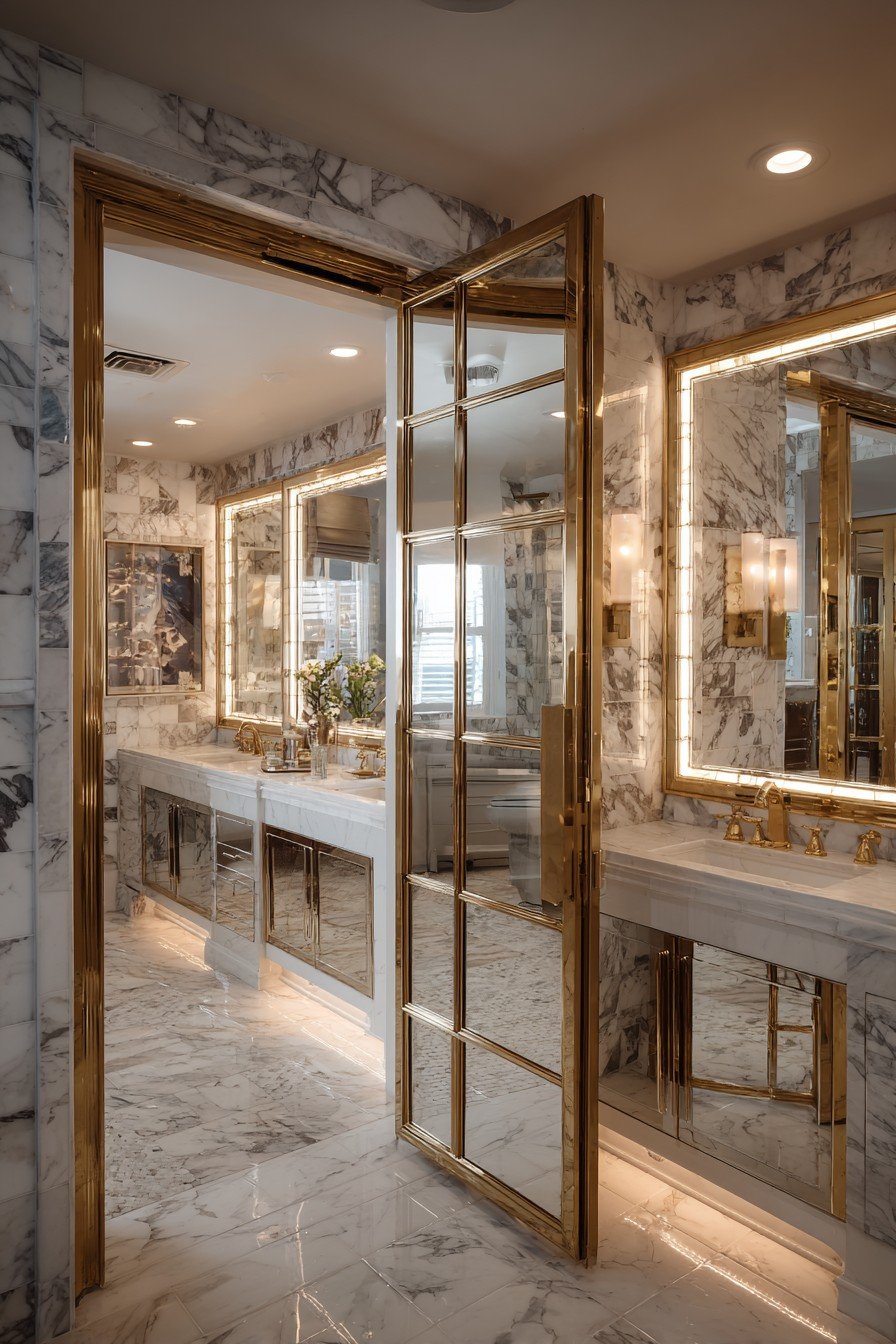 Luxurious Mirrored Pocket Door with Gold Frame