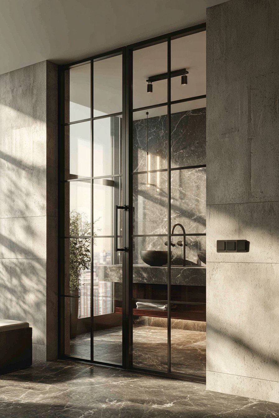 Contemporary Glass Door with Black Grid Frame