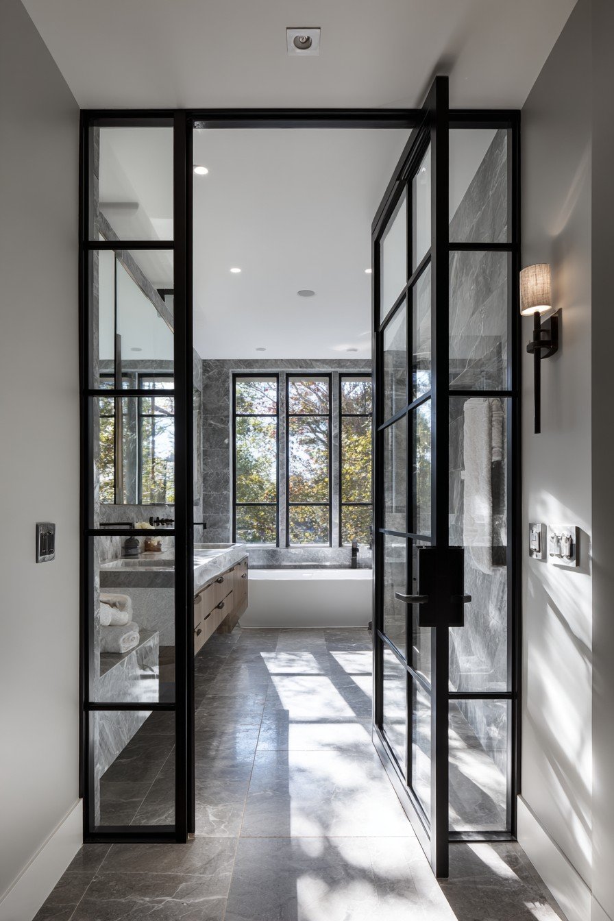 Contemporary Glass Door with Black Grid Frame