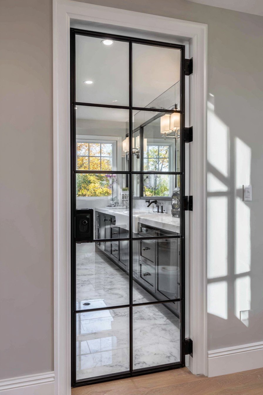 Contemporary Glass Door with Black Grid Frame