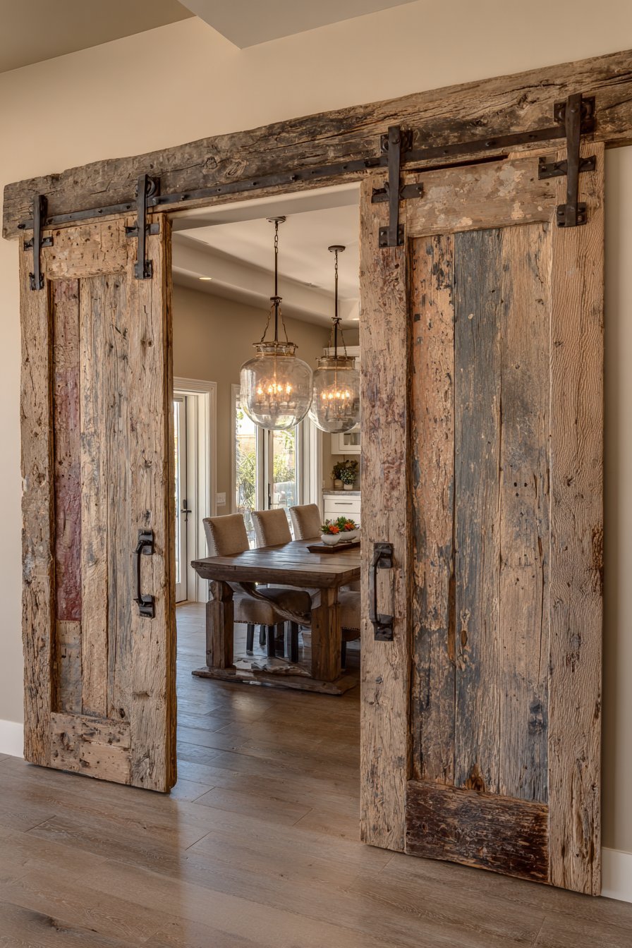 Salvaged Double Barn Doors Dining Entrance