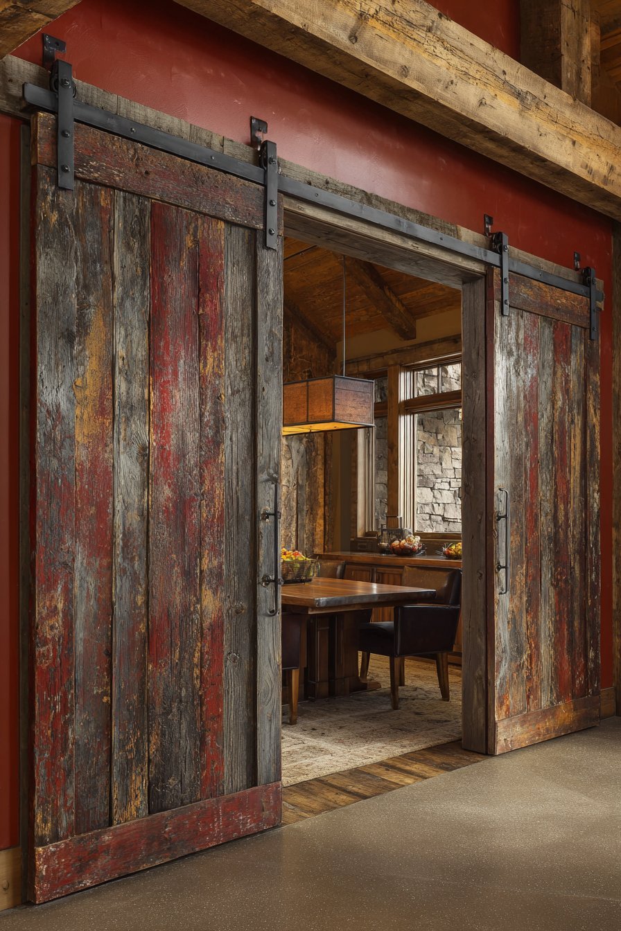 Salvaged Double Barn Doors Dining Entrance