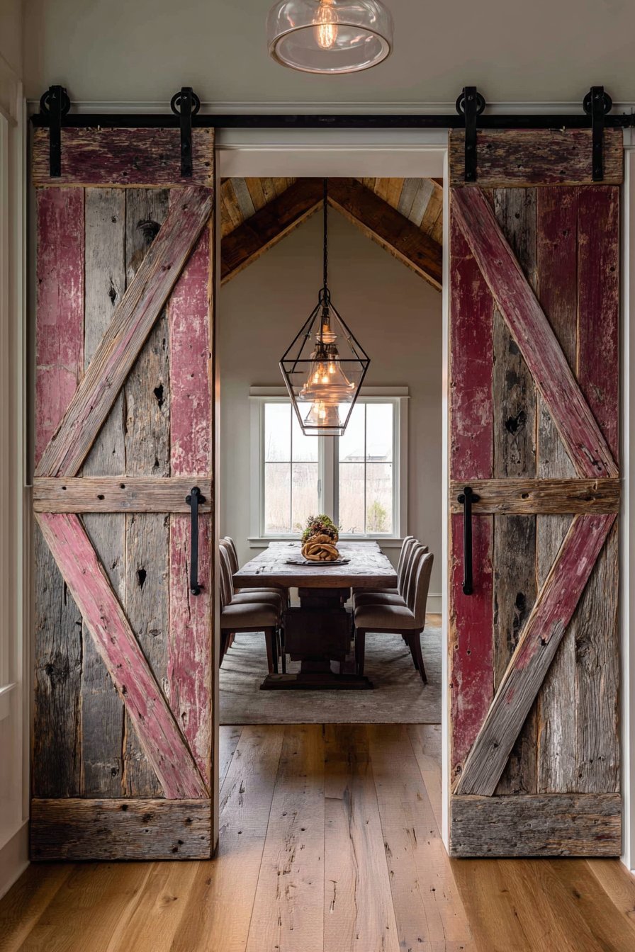 Salvaged Double Barn Doors Dining Entrance