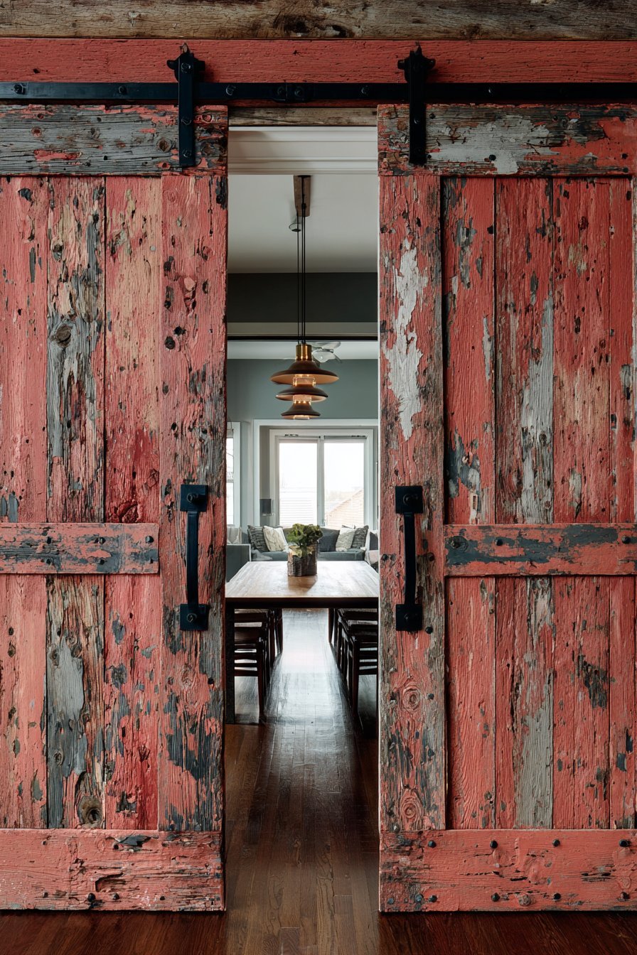 Salvaged Double Barn Doors Dining Entrance