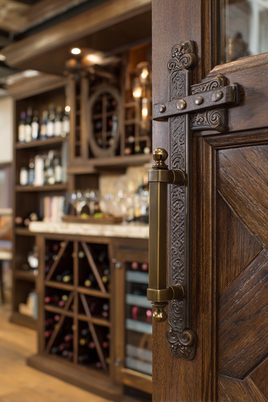 Mahogany Herringbone Wine Cellar Entrance