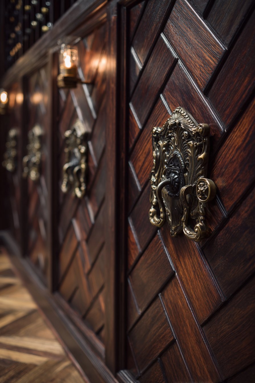 Mahogany Herringbone Wine Cellar Entrance