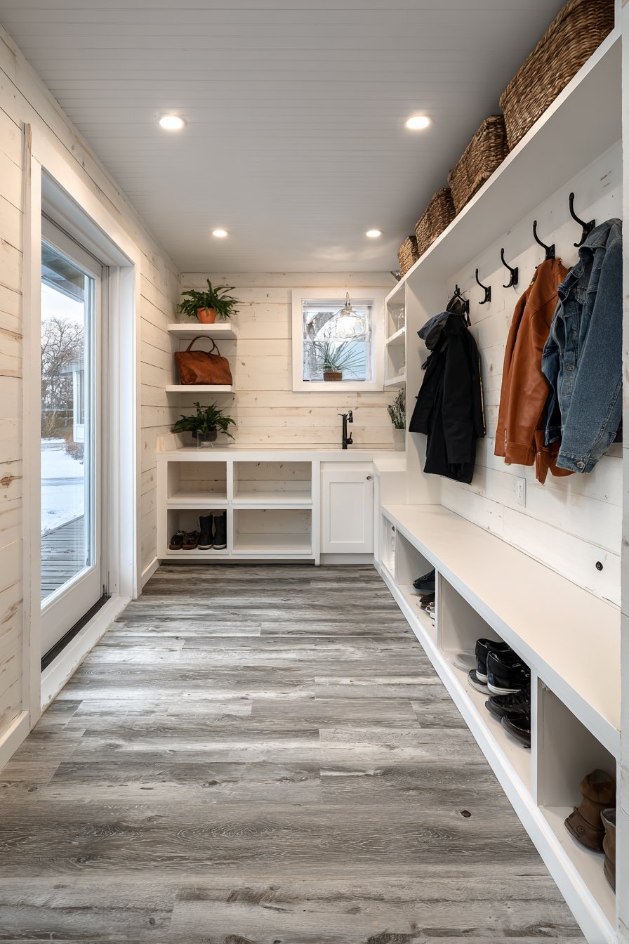 Garage Mudroom Transition with Built-In Seating