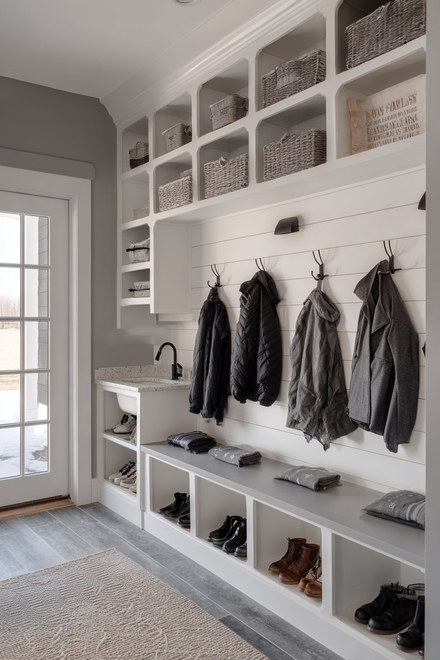 Garage Mudroom Transition with Built-In Seating