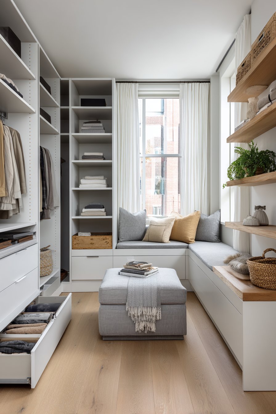 Bedroom with grey platform bed with drawers, white wardrobe wall, oak floating shelves, open storage bench and ladder rack