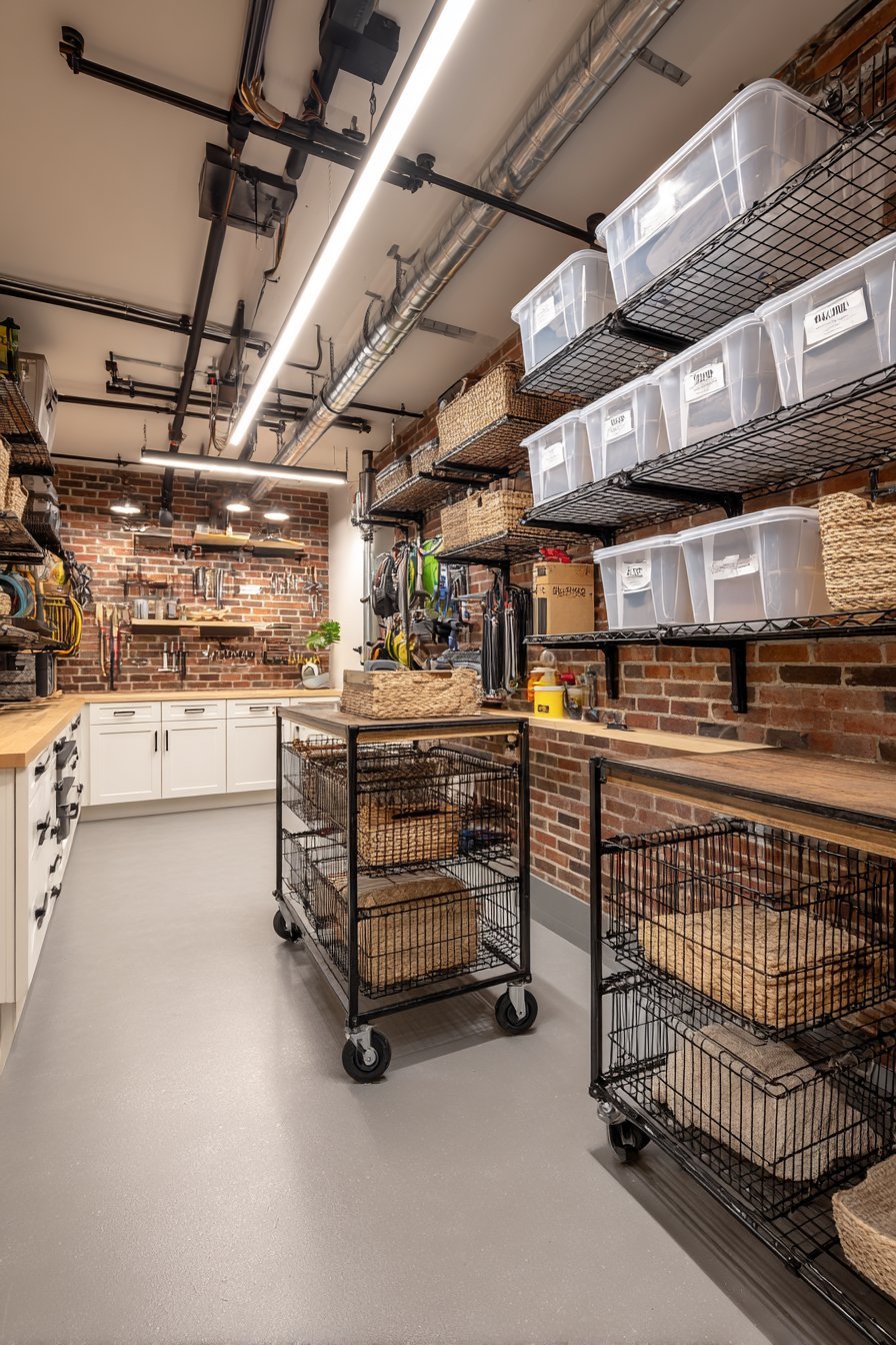 Basement storage room with metal wire shelving, white cabinets, grey slatwall, overhead racks and exposed brick wall