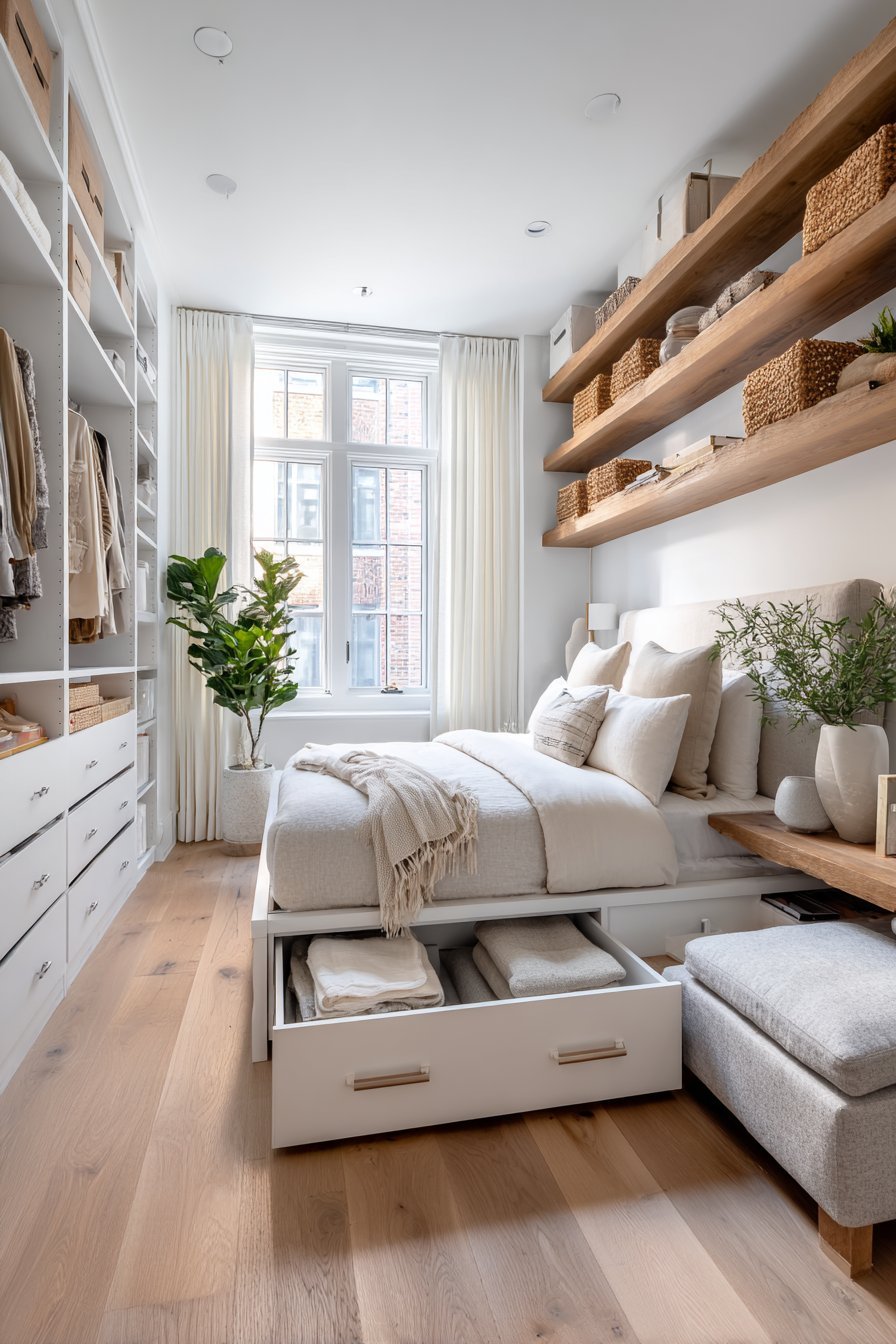 Bedroom with grey platform bed with drawers, white wardrobe wall, oak floating shelves, open storage bench and ladder rack