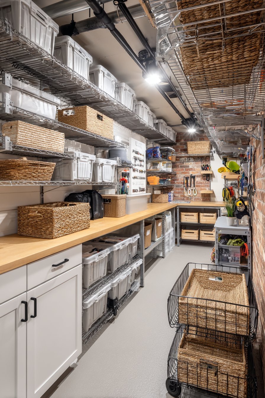 Basement storage room with metal wire shelving, white cabinets, grey slatwall, overhead racks and exposed brick wall