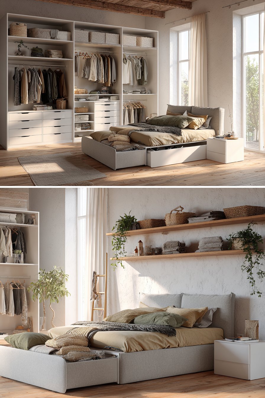 Bedroom with grey platform bed with drawers, white wardrobe wall, oak floating shelves, open storage bench and ladder rack