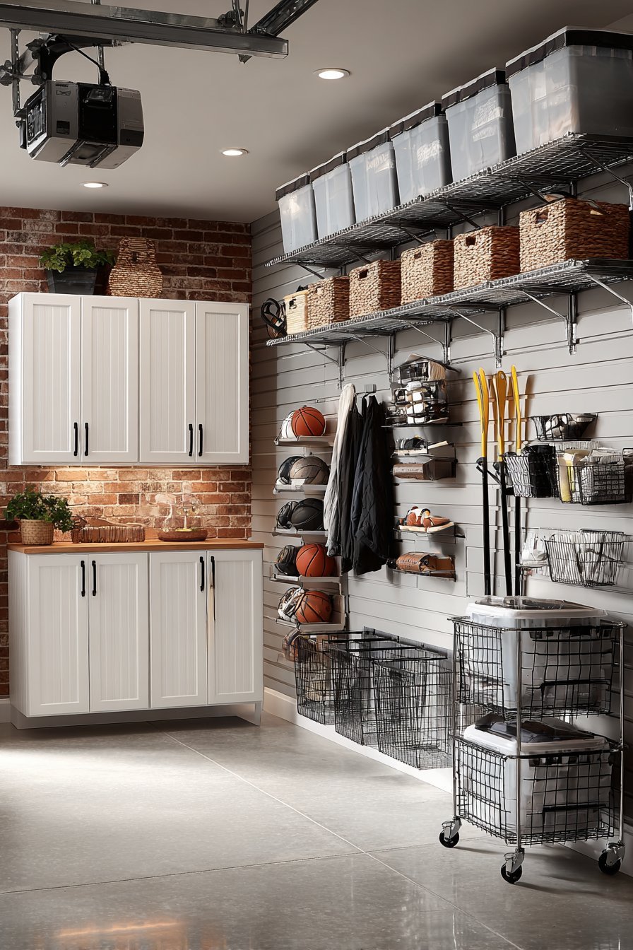 Basement storage room with metal wire shelving, white cabinets, grey slatwall, overhead racks and exposed brick wall