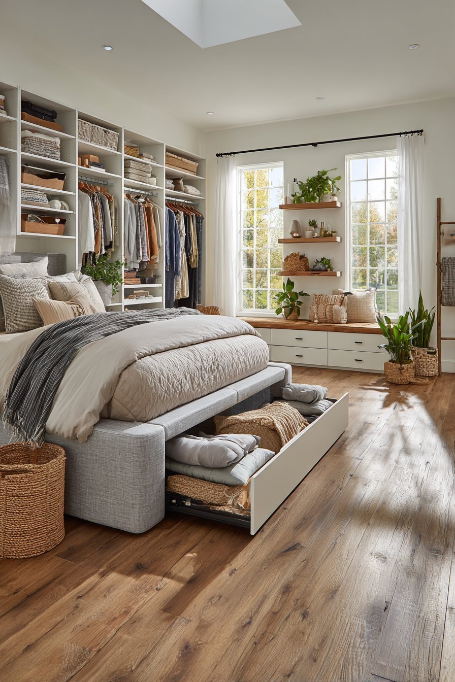 Bedroom with grey platform bed with drawers, white wardrobe wall, oak floating shelves, open storage bench and ladder rack