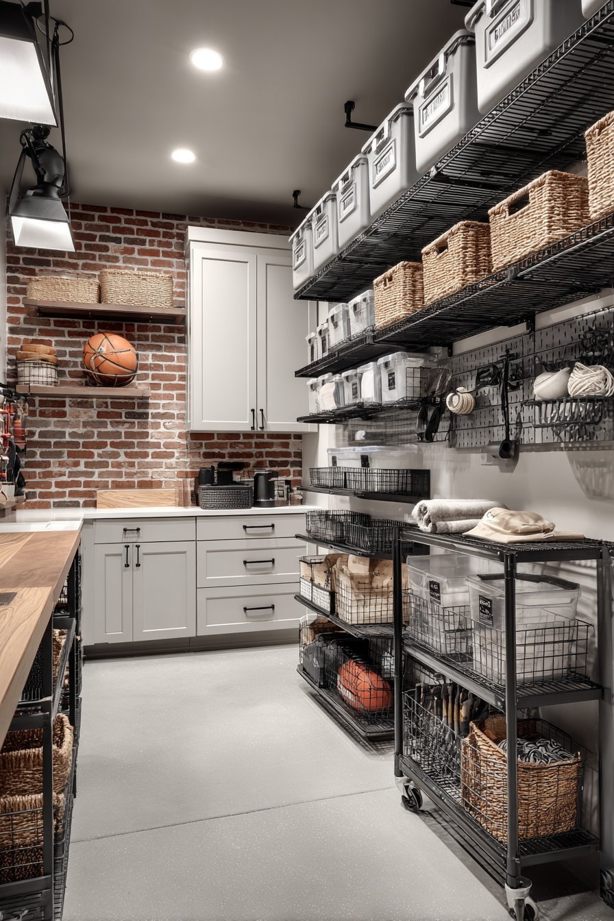 Basement storage room with metal wire shelving, white cabinets, grey slatwall, overhead racks and exposed brick wall