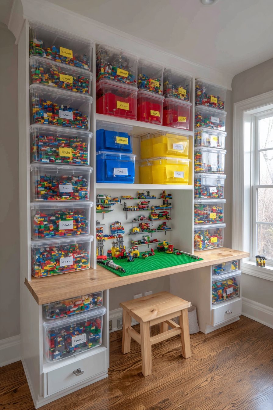 Lego storage wall in a child's bedroom with white shelving, clear color-sorted bins and a desk with green baseplate