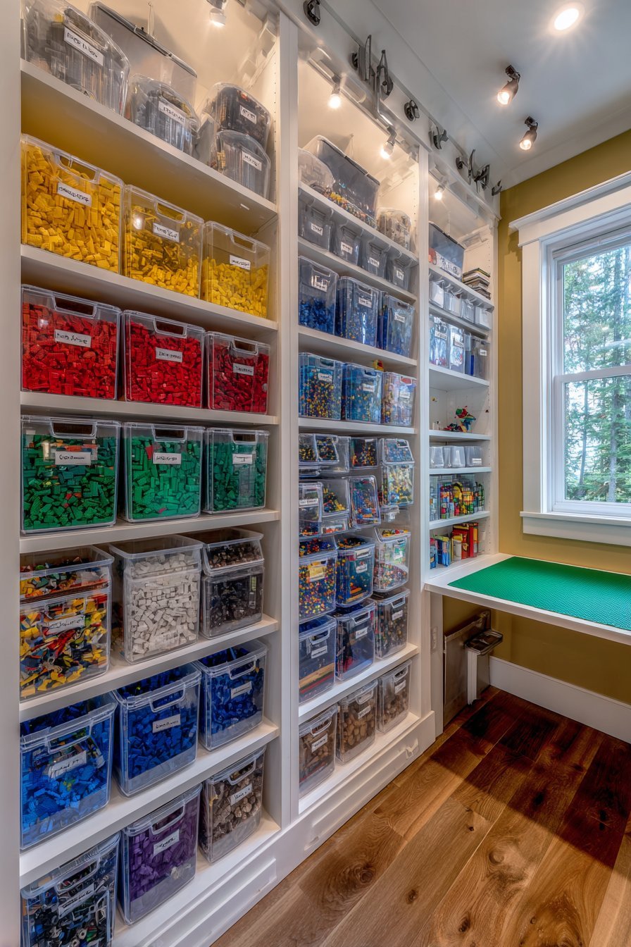 Lego storage wall in a child's bedroom with white shelving, clear color-sorted bins and a desk with green baseplate