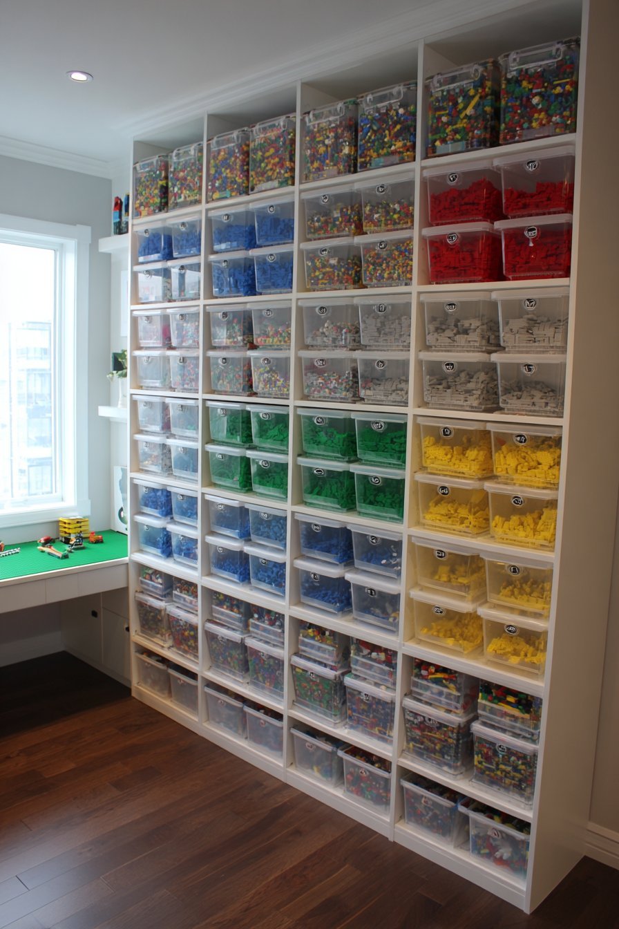 Lego storage wall in a child's bedroom with white shelving, clear color-sorted bins and a desk with green baseplate