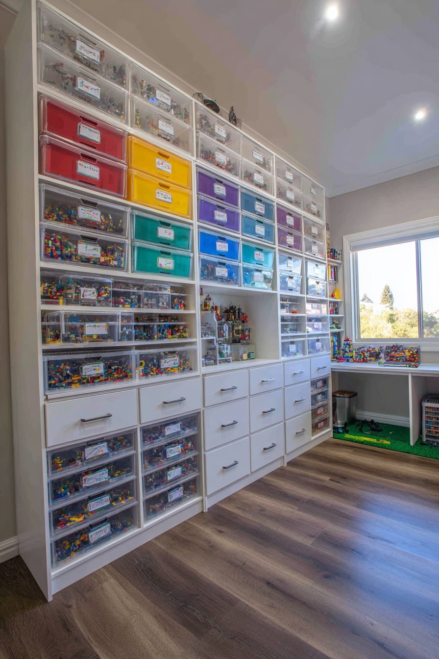 Lego storage wall in a child's bedroom with white shelving, clear color-sorted bins and a desk with green baseplate