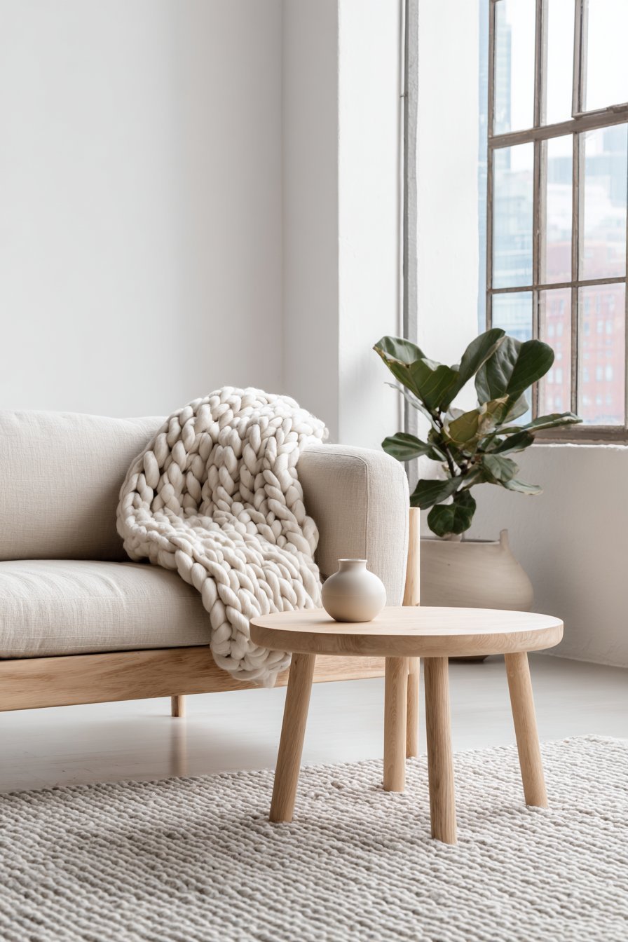 Scandinavian living room with oatmeal linen sofa, chunky knit throws, light oak coffee table and grey wool rug