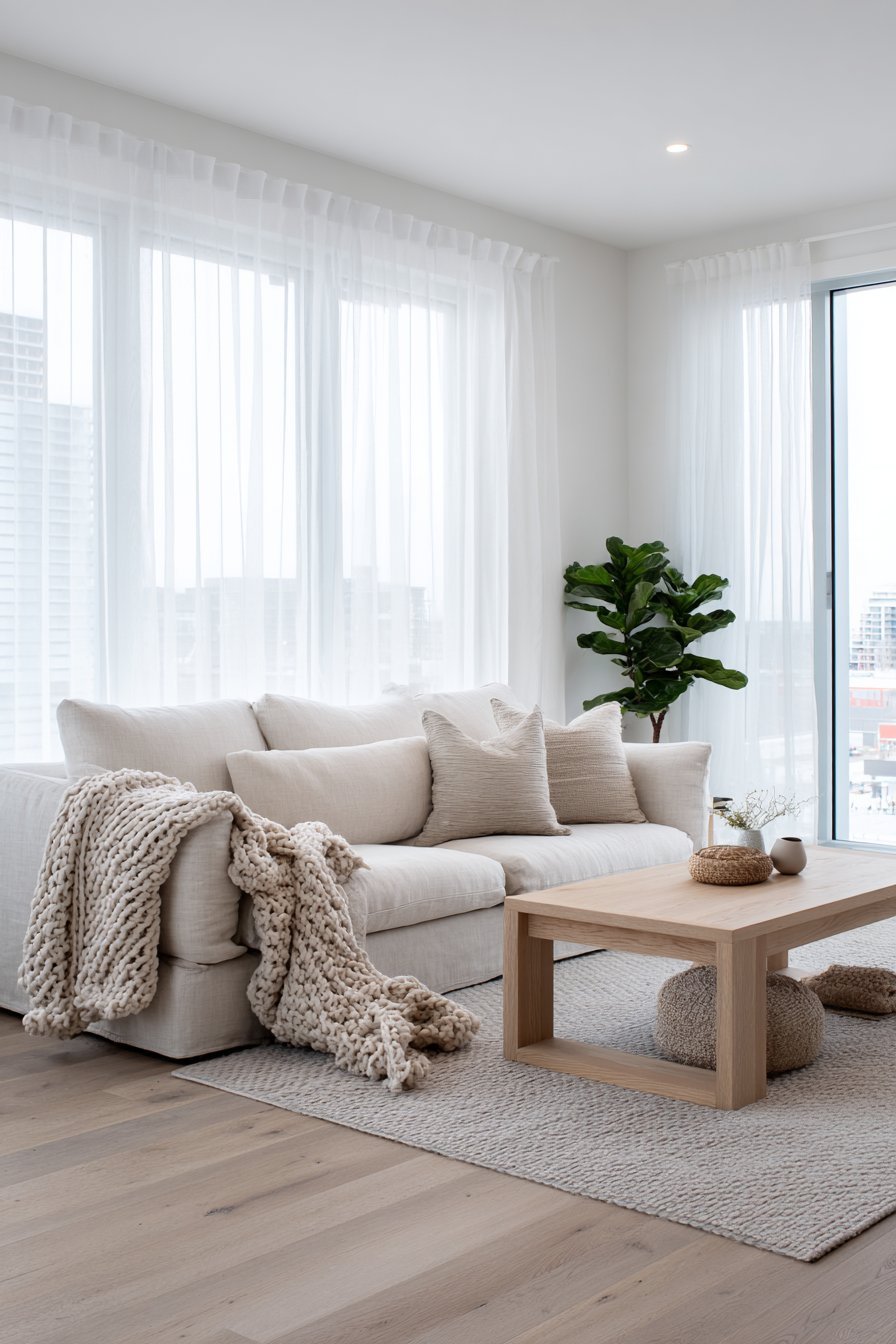 Scandinavian living room with oatmeal linen sofa, chunky knit throws, light oak coffee table and grey wool rug