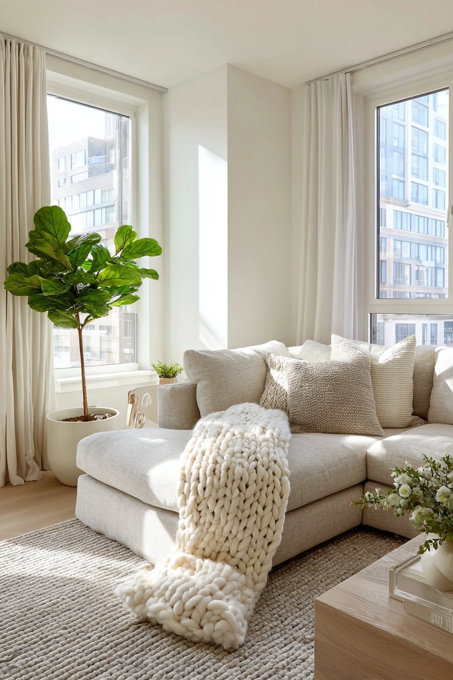 Scandinavian living room with oatmeal linen sofa, chunky knit throws, light oak coffee table and grey wool rug