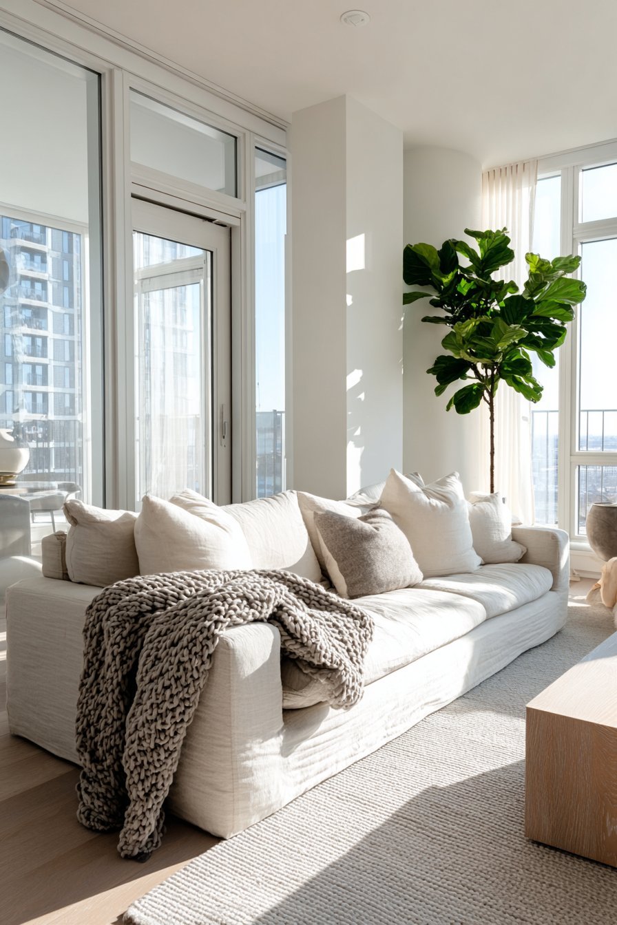 Scandinavian living room with oatmeal linen sofa, chunky knit throws, light oak coffee table and grey wool rug