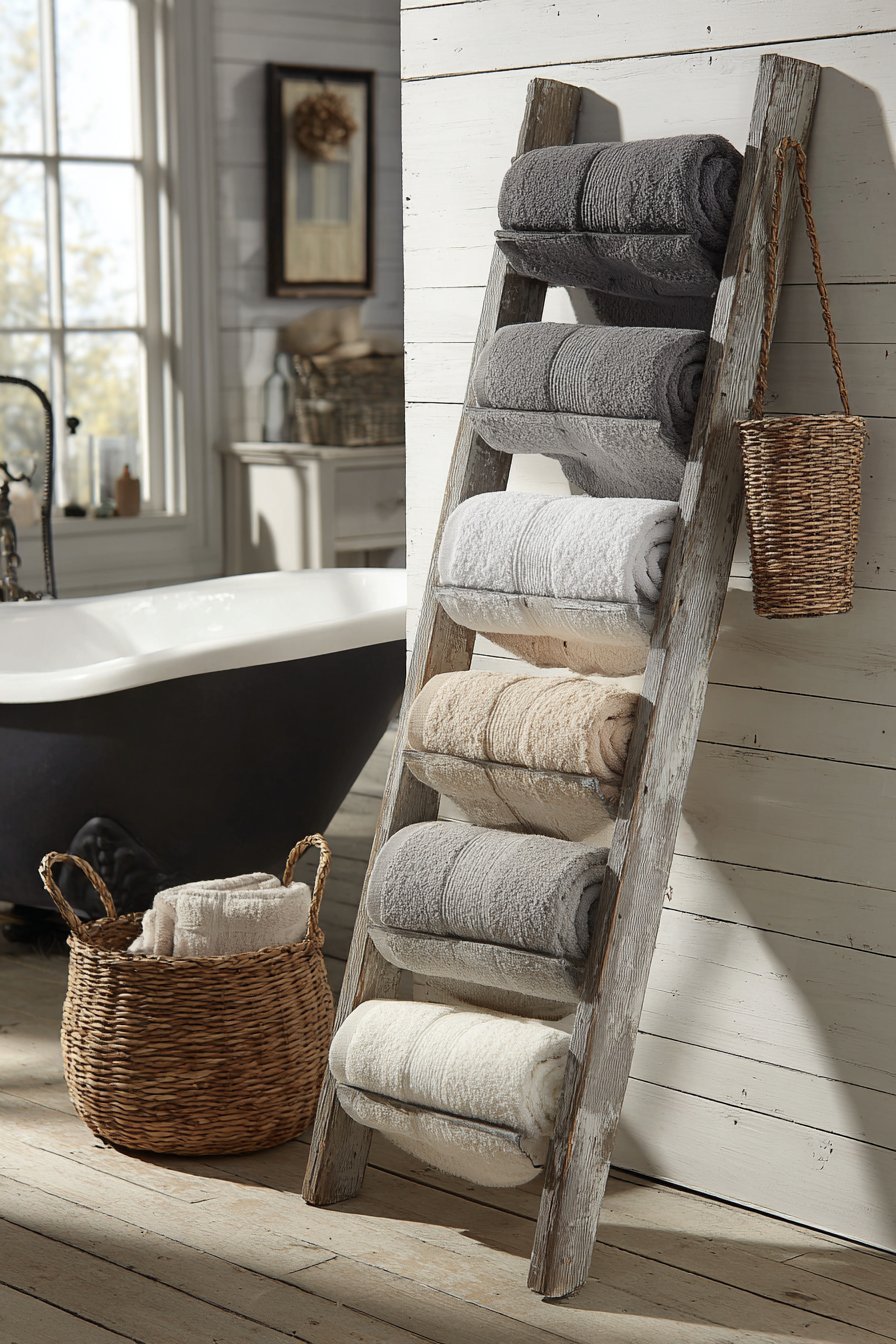 Repurposed Vintage Ladder Storage