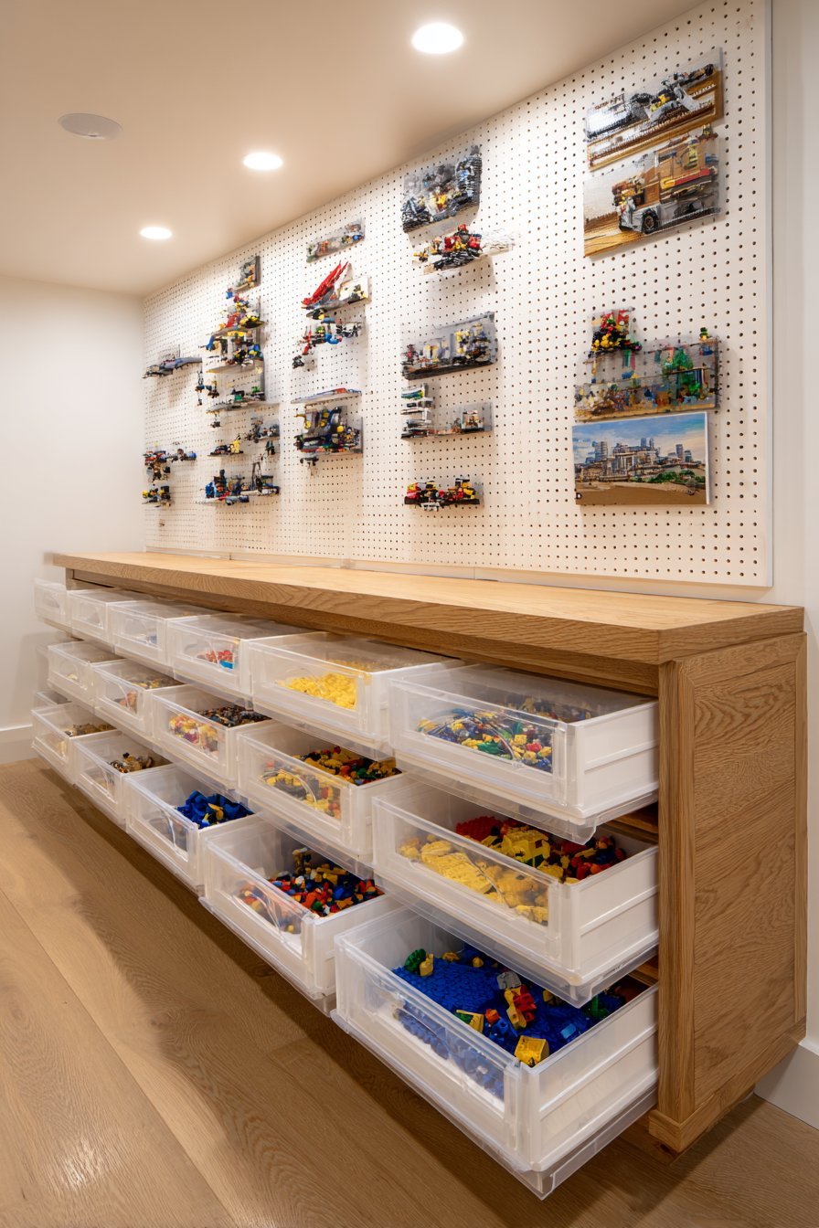 Honey oak Lego sorting station with shallow clear-front drawers, pull-out work surface and pegboard display above