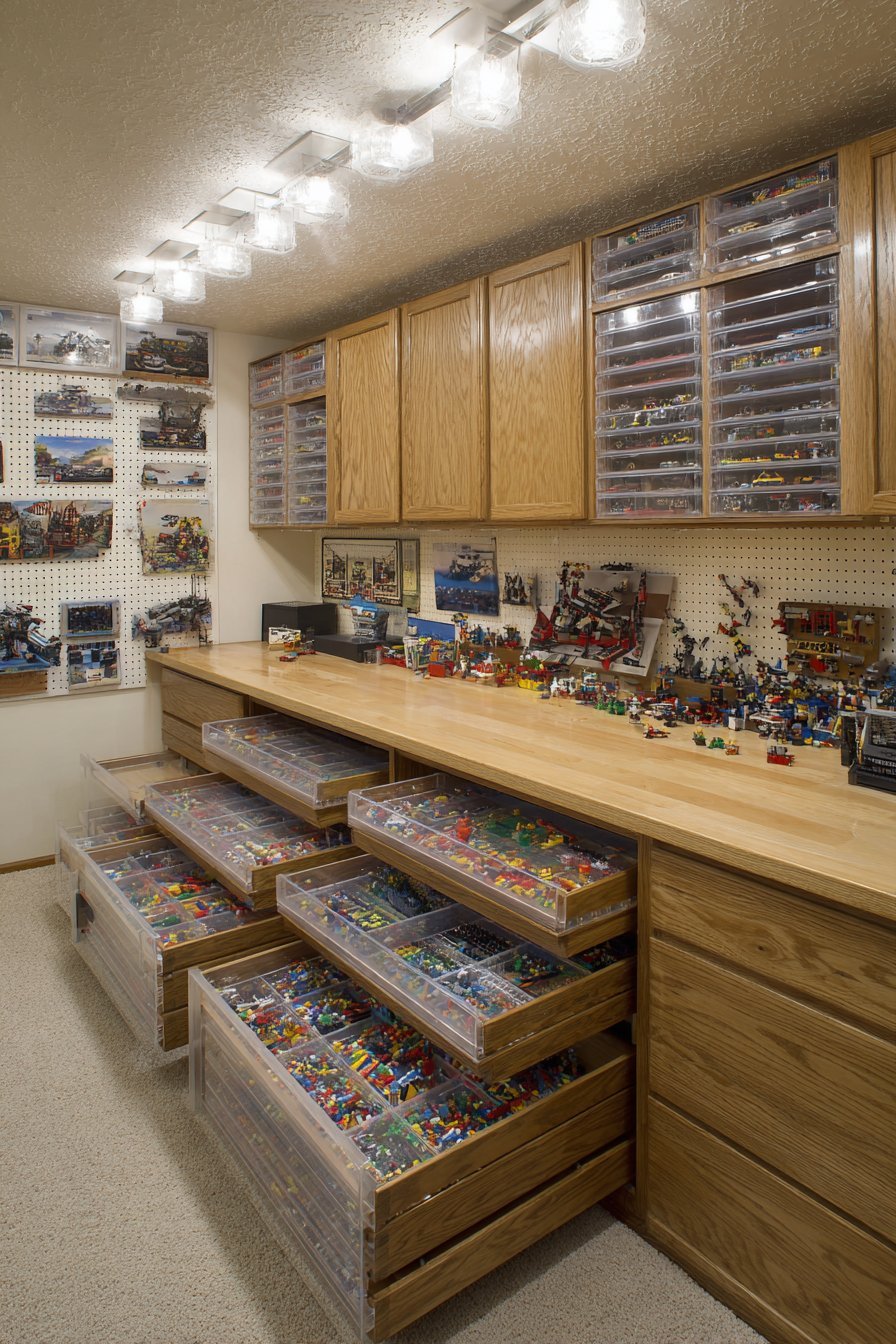 Honey oak Lego sorting station with shallow clear-front drawers, pull-out work surface and pegboard display above