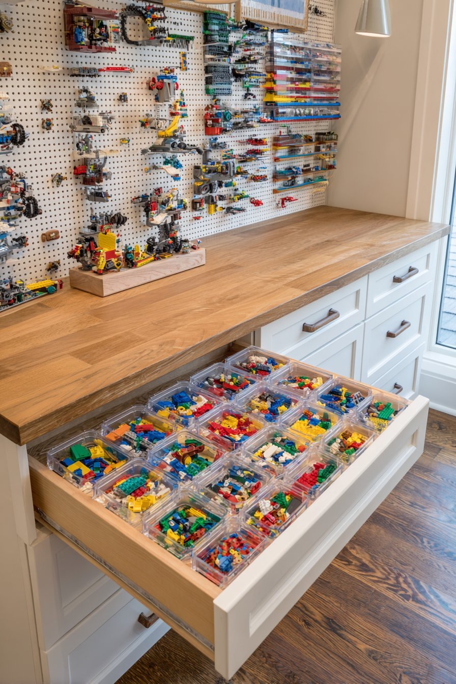 Honey oak Lego sorting station with shallow clear-front drawers, pull-out work surface and pegboard display above