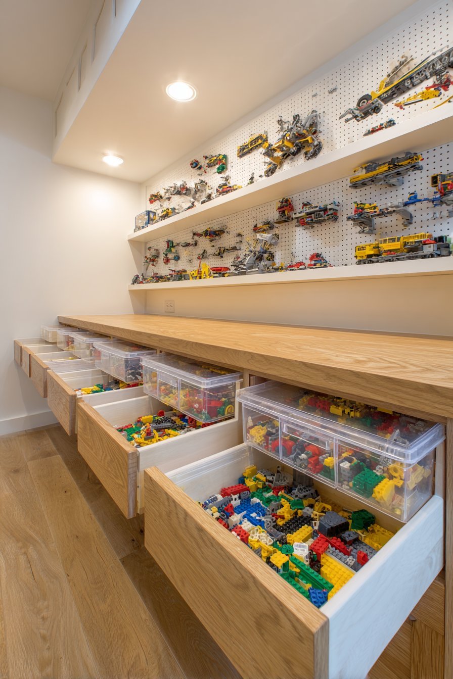 Honey oak Lego sorting station with shallow clear-front drawers, pull-out work surface and pegboard display above