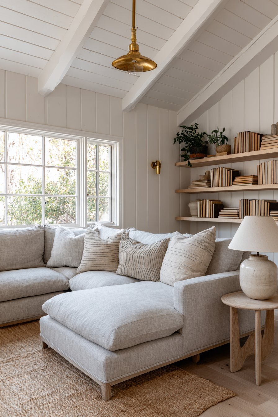 Pale grey linen modular sectional with birch floating shelves, brass pendant and jute rug on light oak floor