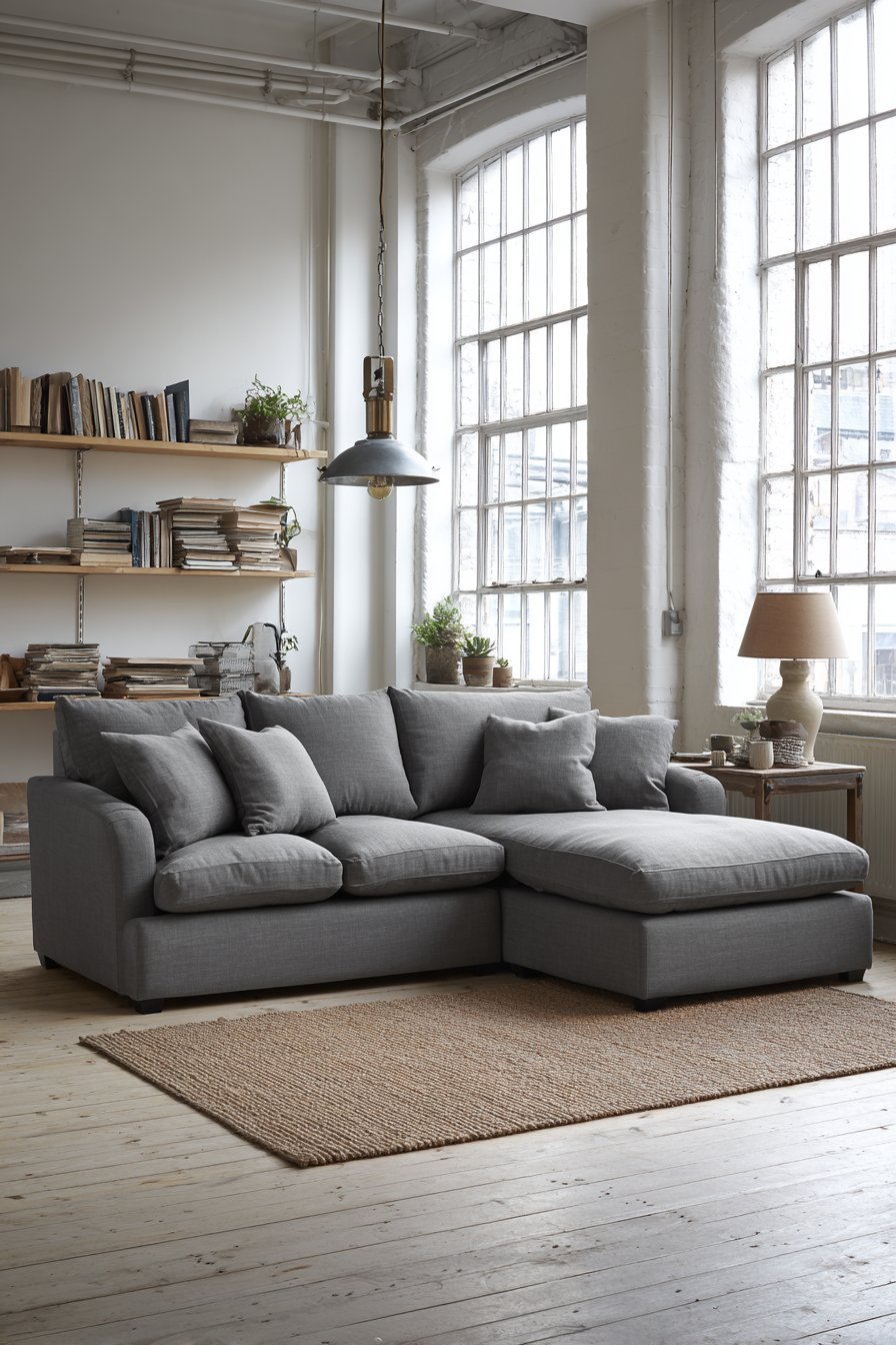 Pale grey linen modular sectional with birch floating shelves, brass pendant and jute rug on light oak floor