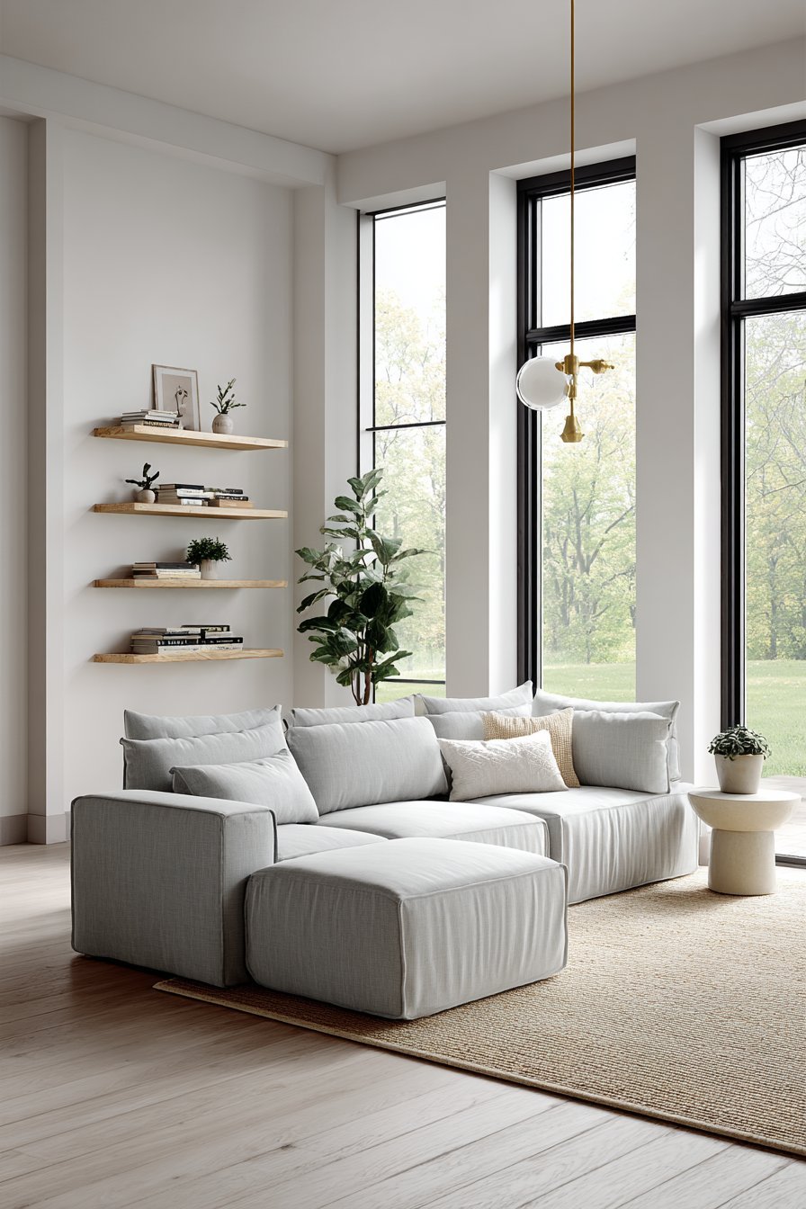 Pale grey linen modular sectional with birch floating shelves, brass pendant and jute rug on light oak floor