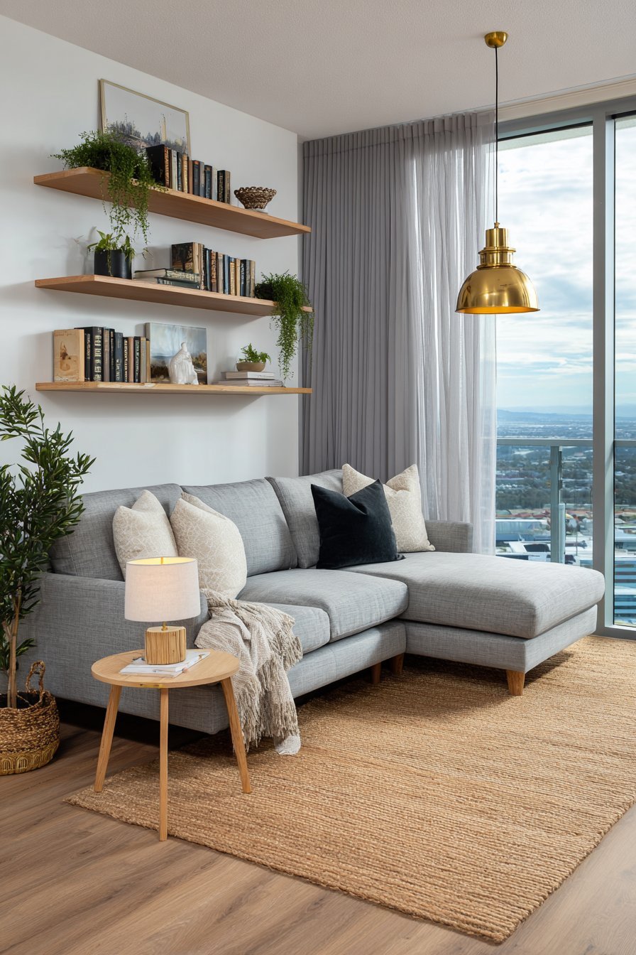 Pale grey linen modular sectional with birch floating shelves, brass pendant and jute rug on light oak floor
