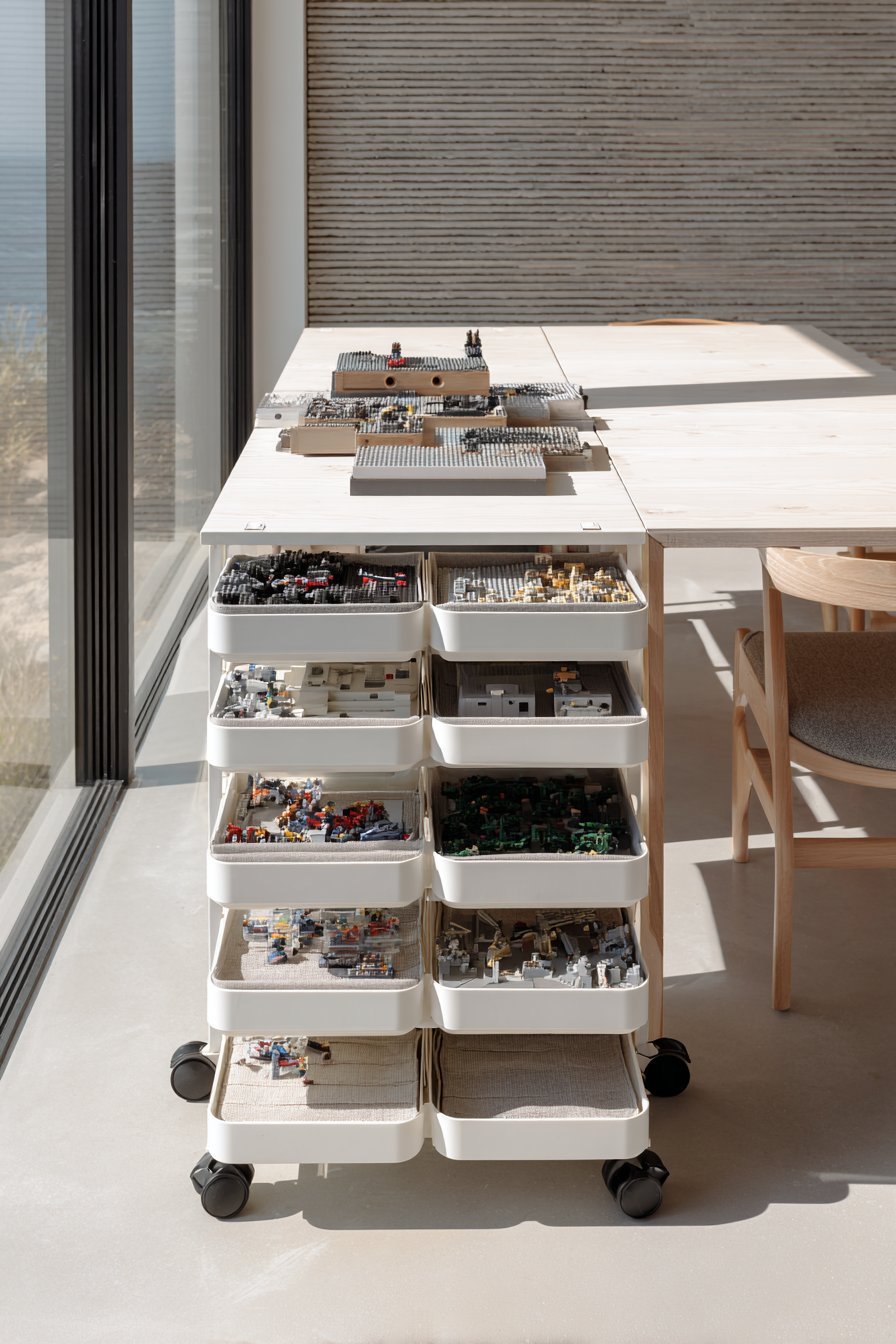 White rolling cart with grey fabric bins for minifigures and plates beside a white Lego play table
