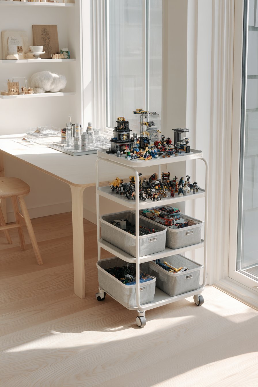 White rolling cart with grey fabric bins for minifigures and plates beside a white Lego play table