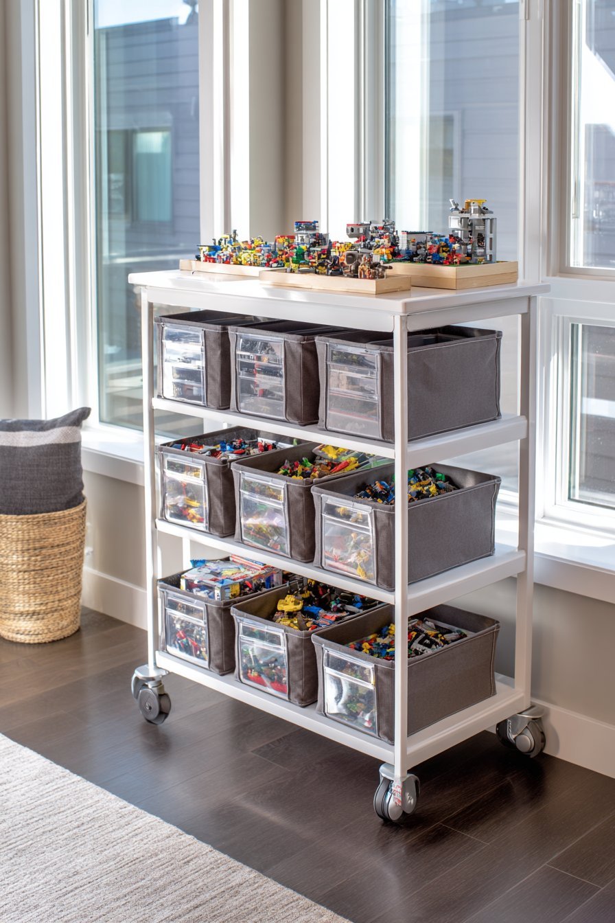 White rolling cart with grey fabric bins for minifigures and plates beside a white Lego play table