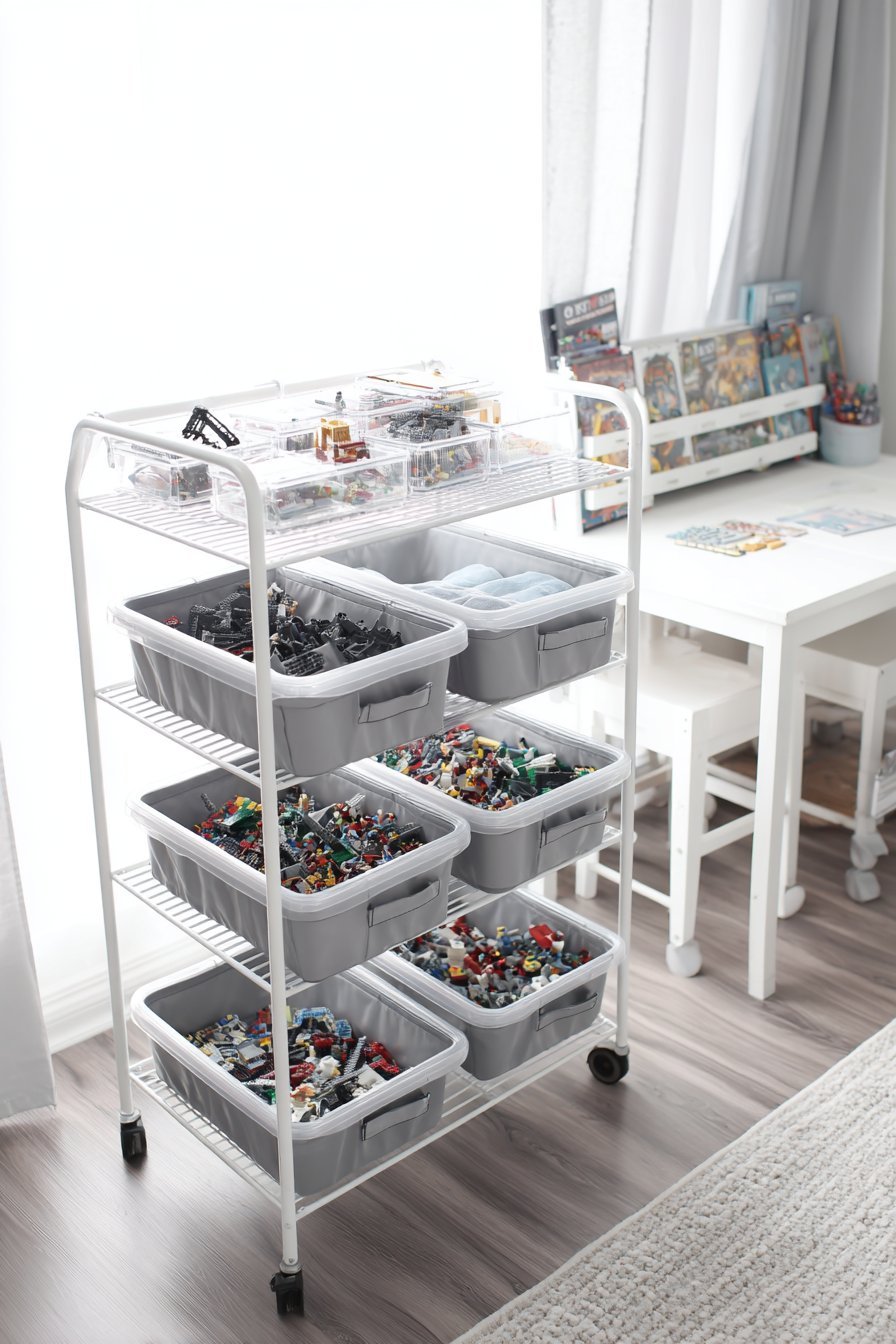 White rolling cart with grey fabric bins for minifigures and plates beside a white Lego play table