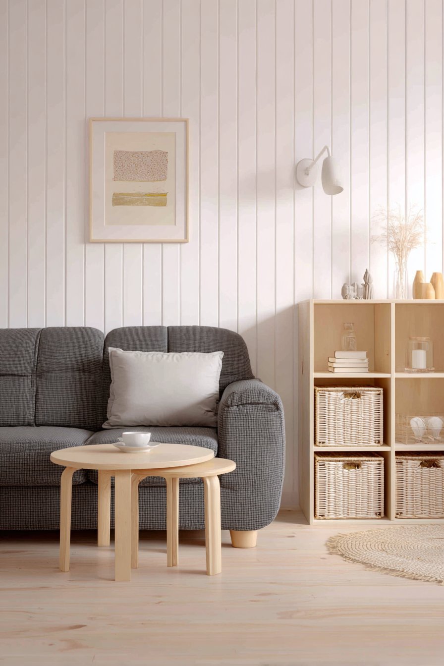 Compact Scandinavian living room with charcoal loveseat, white shiplap wall, ash nesting tables and open shelving