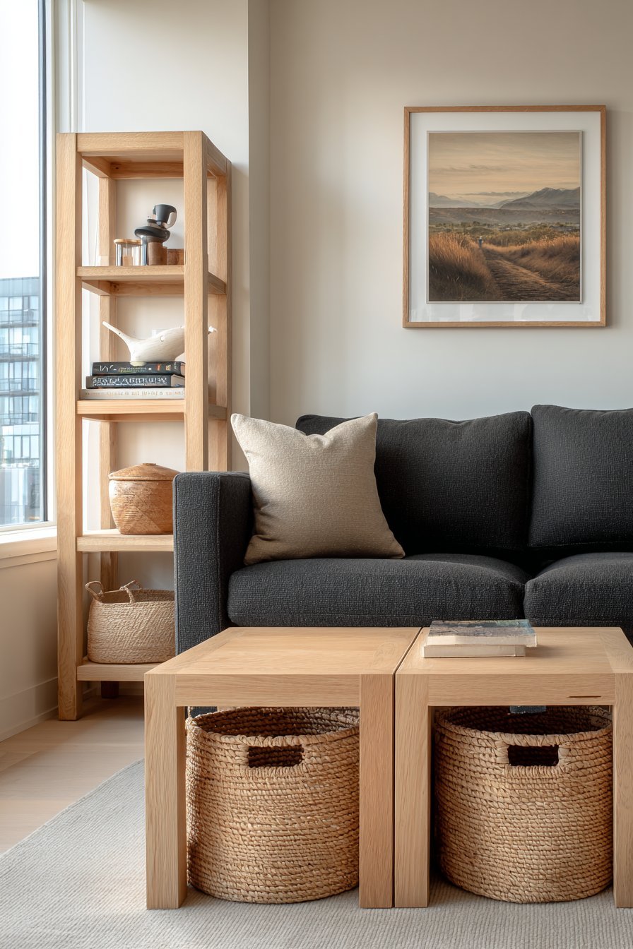 Compact Scandinavian living room with charcoal loveseat, white shiplap wall, ash nesting tables and open shelving