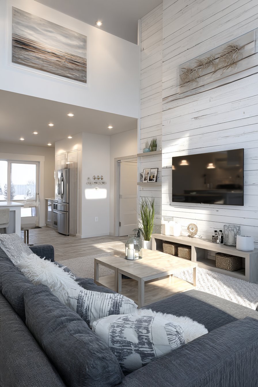 Compact Scandinavian living room with charcoal loveseat, white shiplap wall, ash nesting tables and open shelving