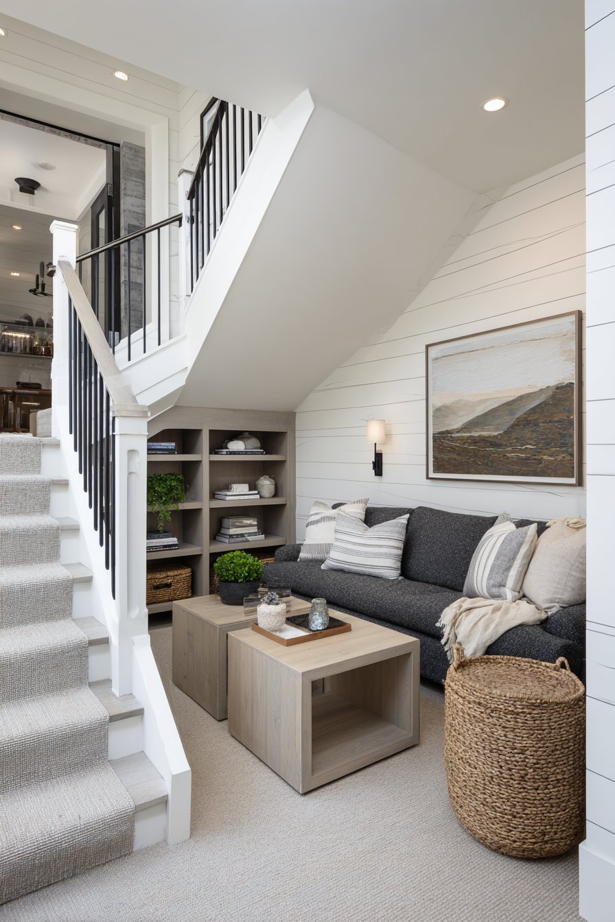 Compact Scandinavian living room with charcoal loveseat, white shiplap wall, ash nesting tables and open shelving
