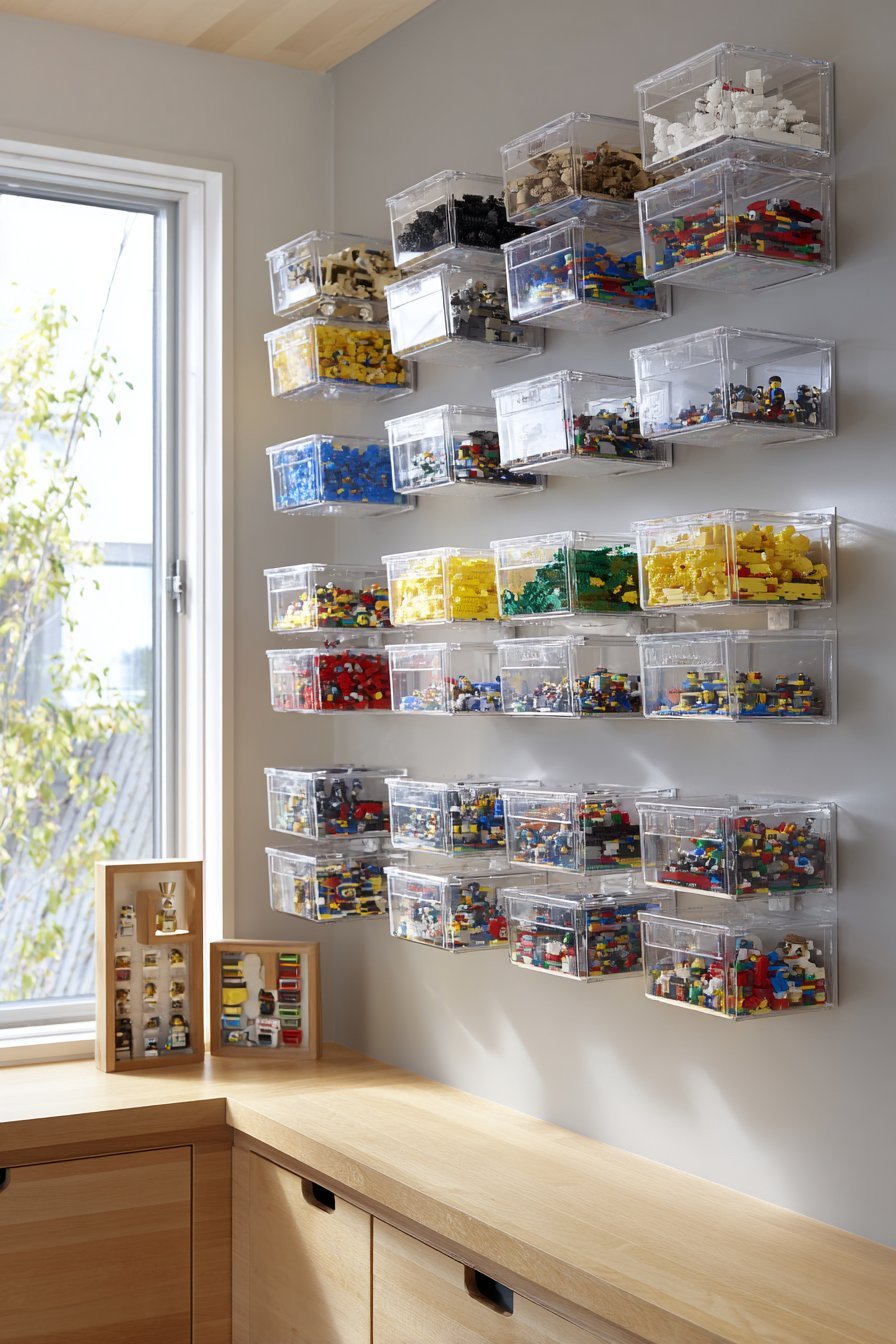 Clear acrylic boxes mounted on a light grey wall holding color-sorted Lego above a birch floating building shelf