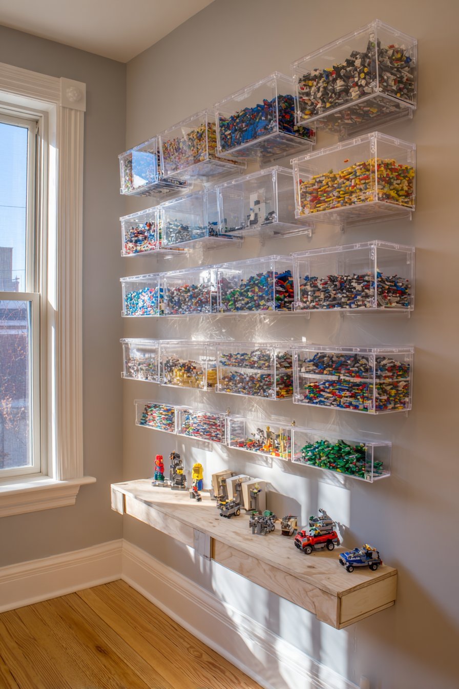 Clear acrylic boxes mounted on a light grey wall holding color-sorted Lego above a birch floating building shelf