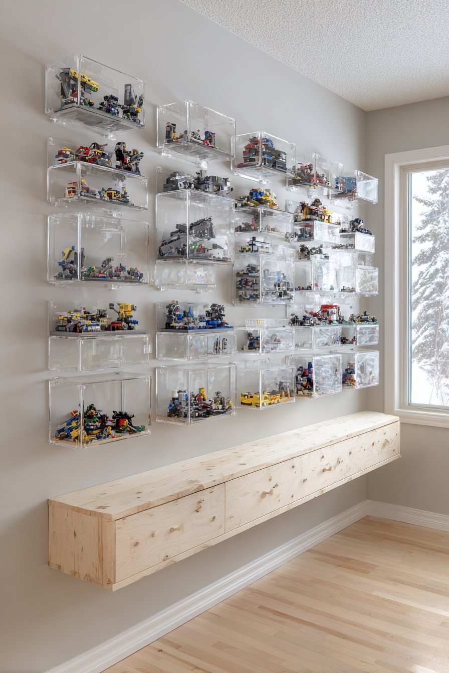 Clear acrylic boxes mounted on a light grey wall holding color-sorted Lego above a birch floating building shelf