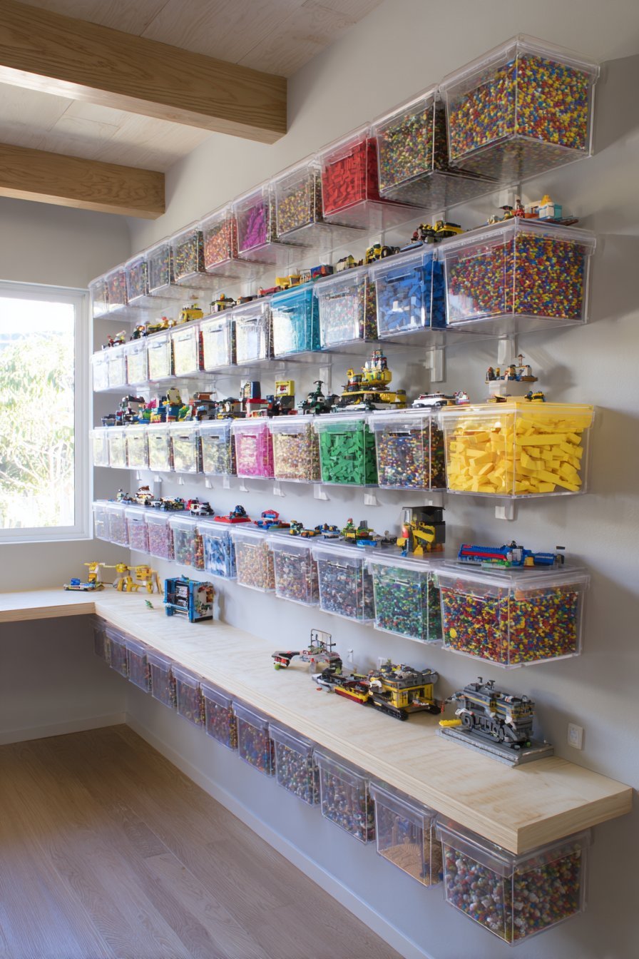 Clear acrylic boxes mounted on a light grey wall holding color-sorted Lego above a birch floating building shelf
