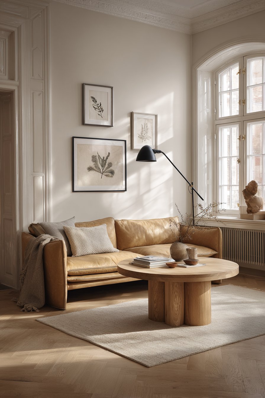 Camel leather mid-century sofa with round beech coffee table, black-framed botanical prints and leather sling chair